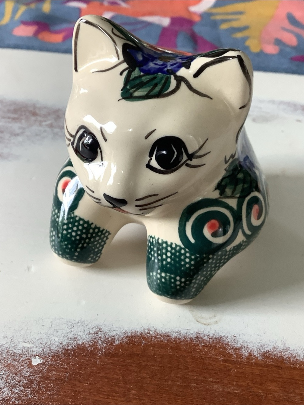 Polish Pottery UNIKAT Shelf Sitter Cat Floral